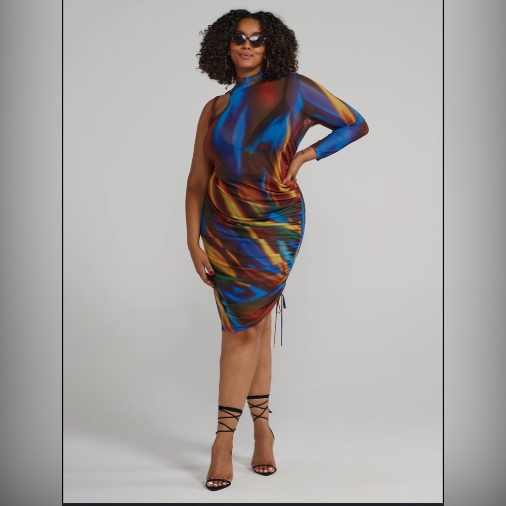 Fashion to Figure One Sleeve Multicolor Abstract Mesh Women's Dress